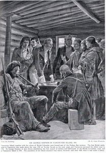 Sir George Simpson na ilha de Vancouver, 1855, ilustração da "História da nação britânica" de Hutchinson, c.1923